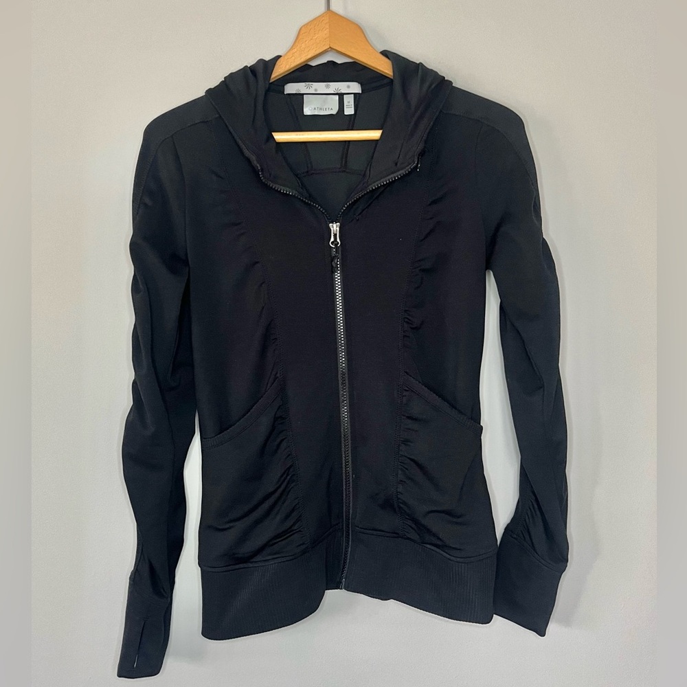 Athleta Ruched Hooded Zippy Jacket in Black Size Medium